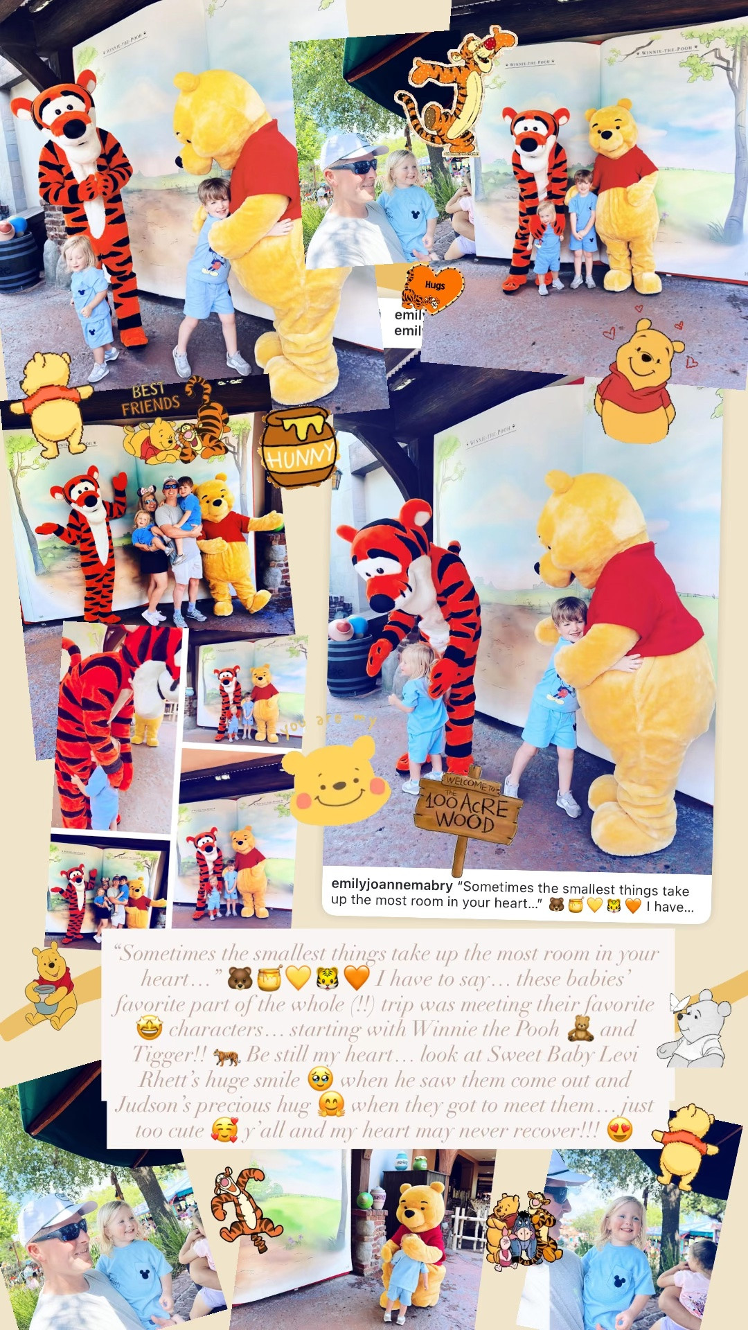 “Sometimes the smallest things take up the most room in your heart…” 🐻🍯💛🐯🧡 I have to say… these babies’ favorite part of the whole (!!) trip was meeting their favorite 🤩 characters… starting with Winnie the Pooh 🧸 and Tigger!! 🐅 Be still my heart… look at Sweet Baby Levi Rhett’s huge smile 🥹 when he saw them come out and Judson’s precious hug 🤗 when they got to meet them… just too cute 🥰 y’all and my heart may never recover!!! 😍