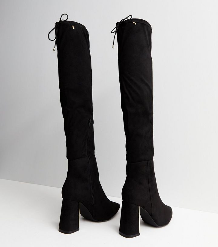 Wide Fit Black Suedette Metal Block Heel Knee High Boots | New Look | New Look (UK)