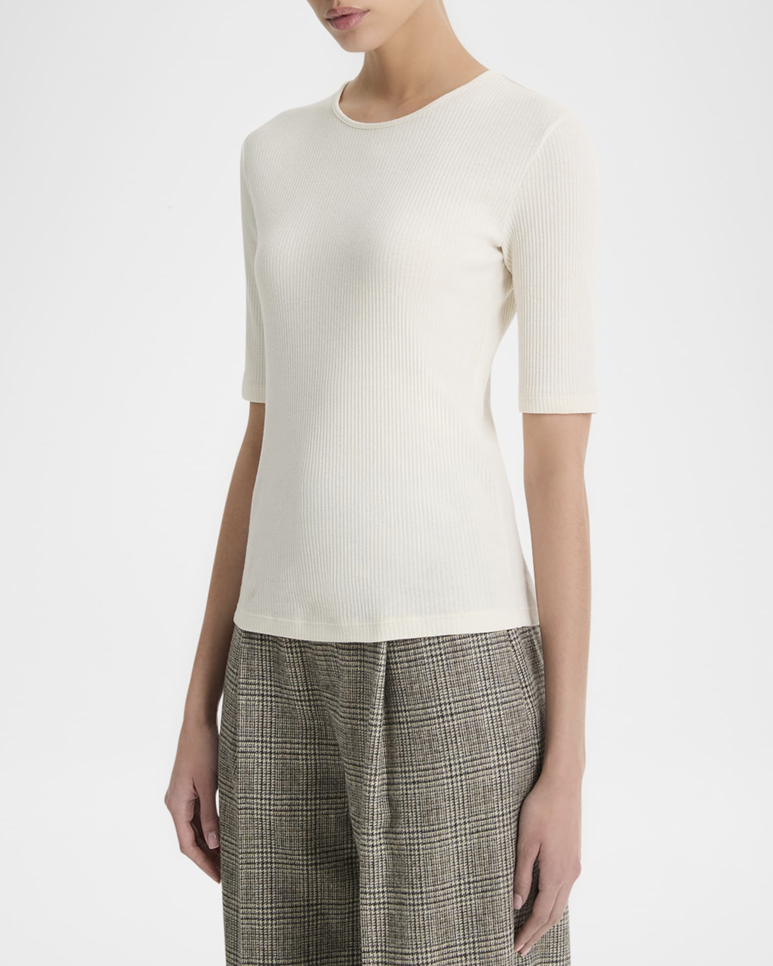 Ribbed Elbow-Sleeve Crewneck Top | Neiman Marcus