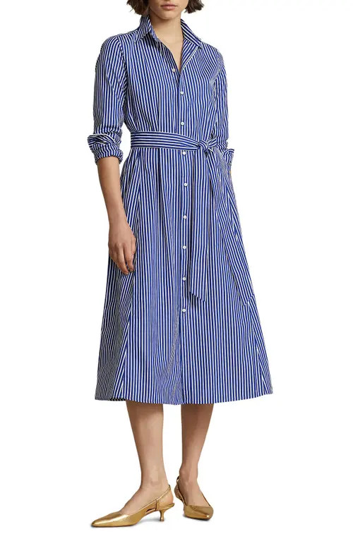 Polo Ralph Lauren Ashton Long Sleeve Tie Waist Shirtdress in 1073B Bright Navy/White at Nordstrom, Size 6 | Nordstrom