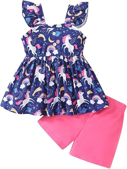 Toddler Baby Girls Summer Clothes Outfits Ruffled Sleeve Dinosaur Shirt Leopard Tops and Shorts P... | Amazon (US)