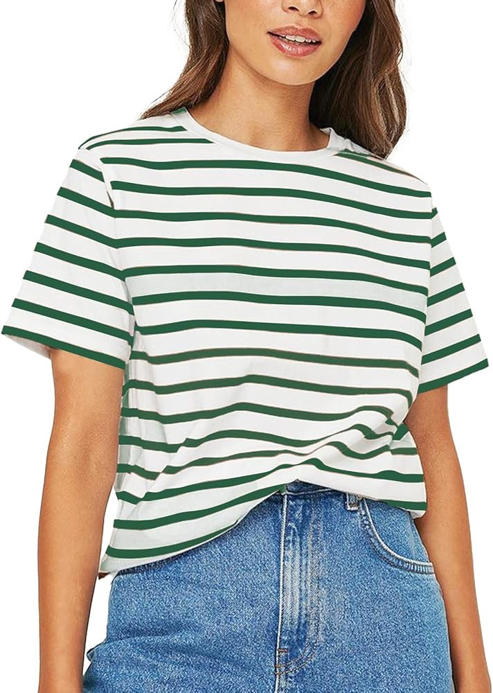 PEHMEA Women's Striped Print t Shirt Short Sleeve Crew Neck Tee Summer Basic Tees for Women | Amazon (US)