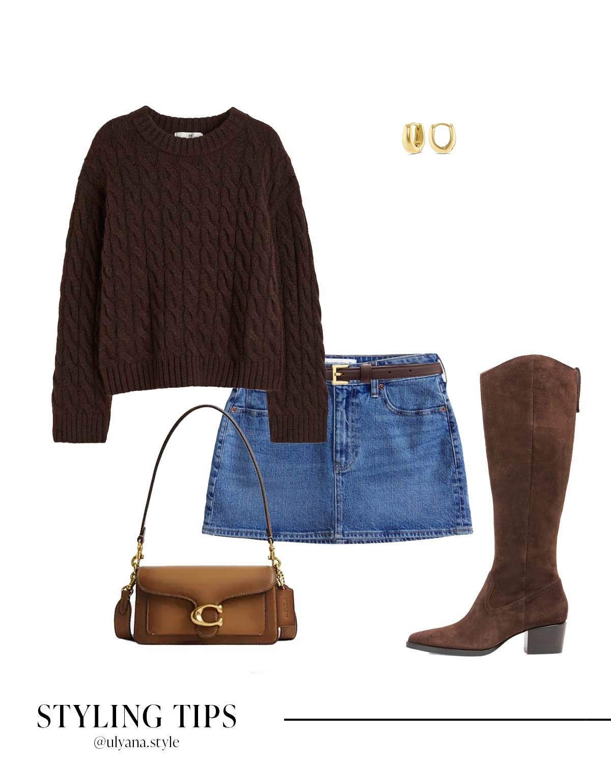 🤎 Fall outfit inspo 🍂 Brown cable knit sweater styled with a denim mini skirt, suede knee high boots, a brown belt, hoop earrings, and a shoulder bag. Add a belted trench coat for an elevated fall layer. Perfect for brunch, coffee dates, or weekend city strolls.
.
.
.
.
.
#LTKSeasonal #LTKU #LTKSaleAlert #LTKFindsUnder50 #LTKFindsUnder100 #LTKStyleTip #LTKWorkwear #LTKTravel #LTKShoeCrush #LTKItBag 

Fall outfits 2025 | outfit inspo | outfit ideas | sweater and skirt | sweater outfit | oversized sweater | brown sweater | knit sweater | skirt outfits | skirt and boots | jean skirt outfits | denim skirt outfits | mini skirt outfit | fall shoes | fall boots | brown boots | knee high boots outfit | suede boots | fall bags | designer bags | date night outfit | pumpkin patch outfit | apple picking outfit | classy outfits | 