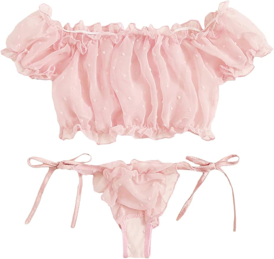 SheIn Women's Self Tie Ruffle Trim Dobby Mesh Lingerie Set Sexy Bra and Panty | Amazon (US)