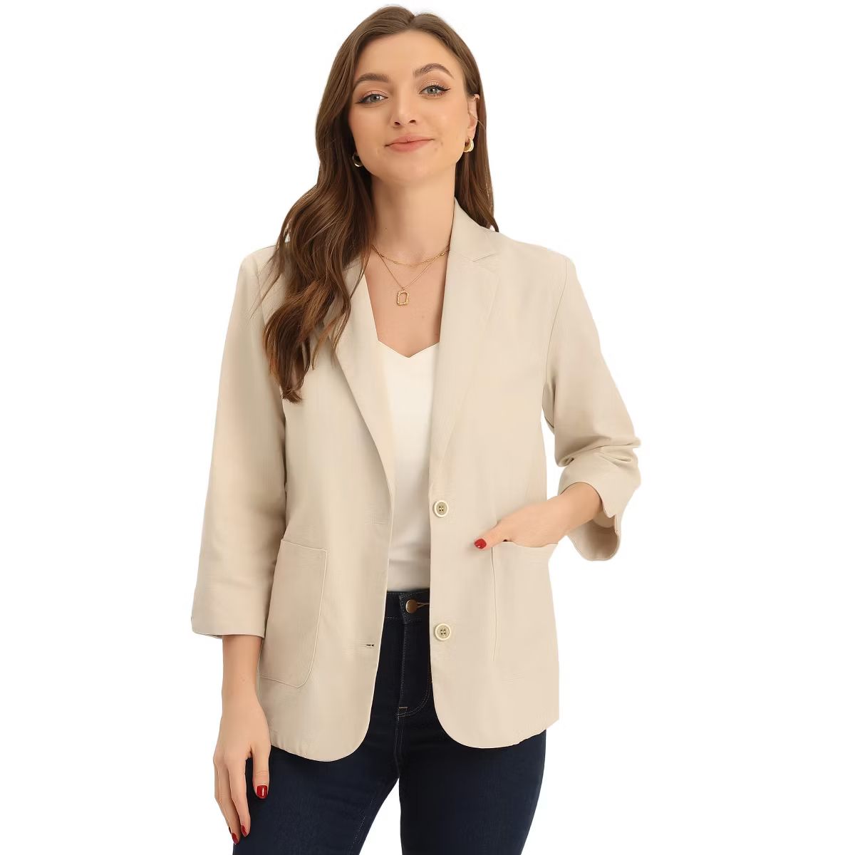 Allegra K Women's Linen Notched Lapel Collar 3/4 Sleeve Causal Jacket Blazer | Target