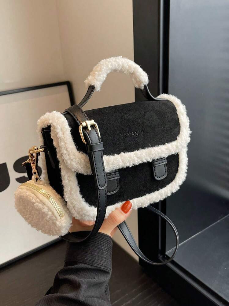 Fashionable Retro Style Black Mini Tote Bag With Furry Edge, New Arrival Fur Purse | SHEIN