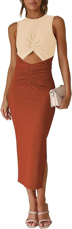 Pink Queen Women's Crew Neck Sleeveless Cutout Twist Ruched Slit Tie Back Ribbed Bodycon Midi Dre... | Amazon (US)