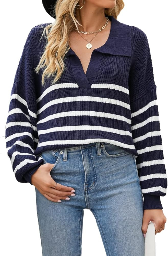 CHYRII Women Overized Puff Long Sleeve V Neck Knitted Polo Pullover Sweater Jumper Tops | Amazon (US)