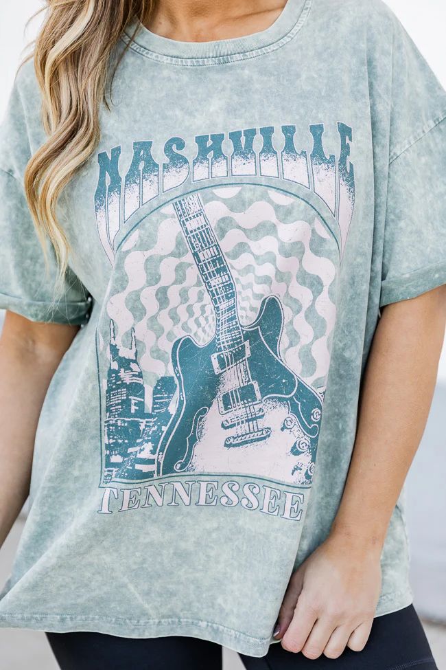 Nashville Sage Acid Wash Rolled Sleeve Graphic Tee | Pink Lily