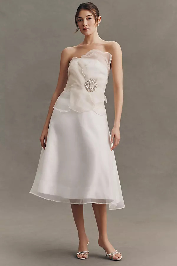 BHLDN Organza 3D Floral Appliqué Strapless Midi Dress | Anthropologie (US)