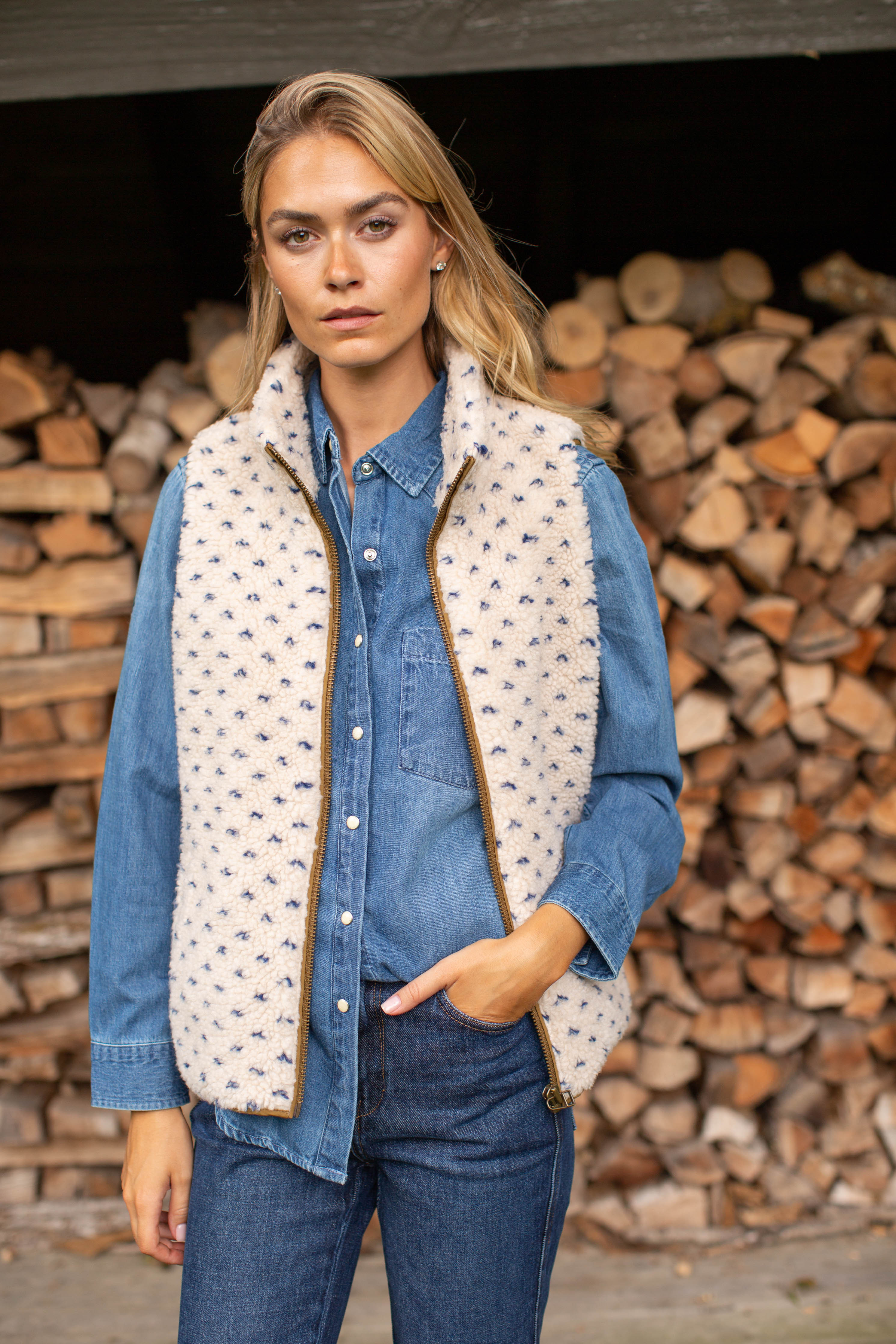 Sherpa Vest - Ivory/Blue Birdseye | Marea