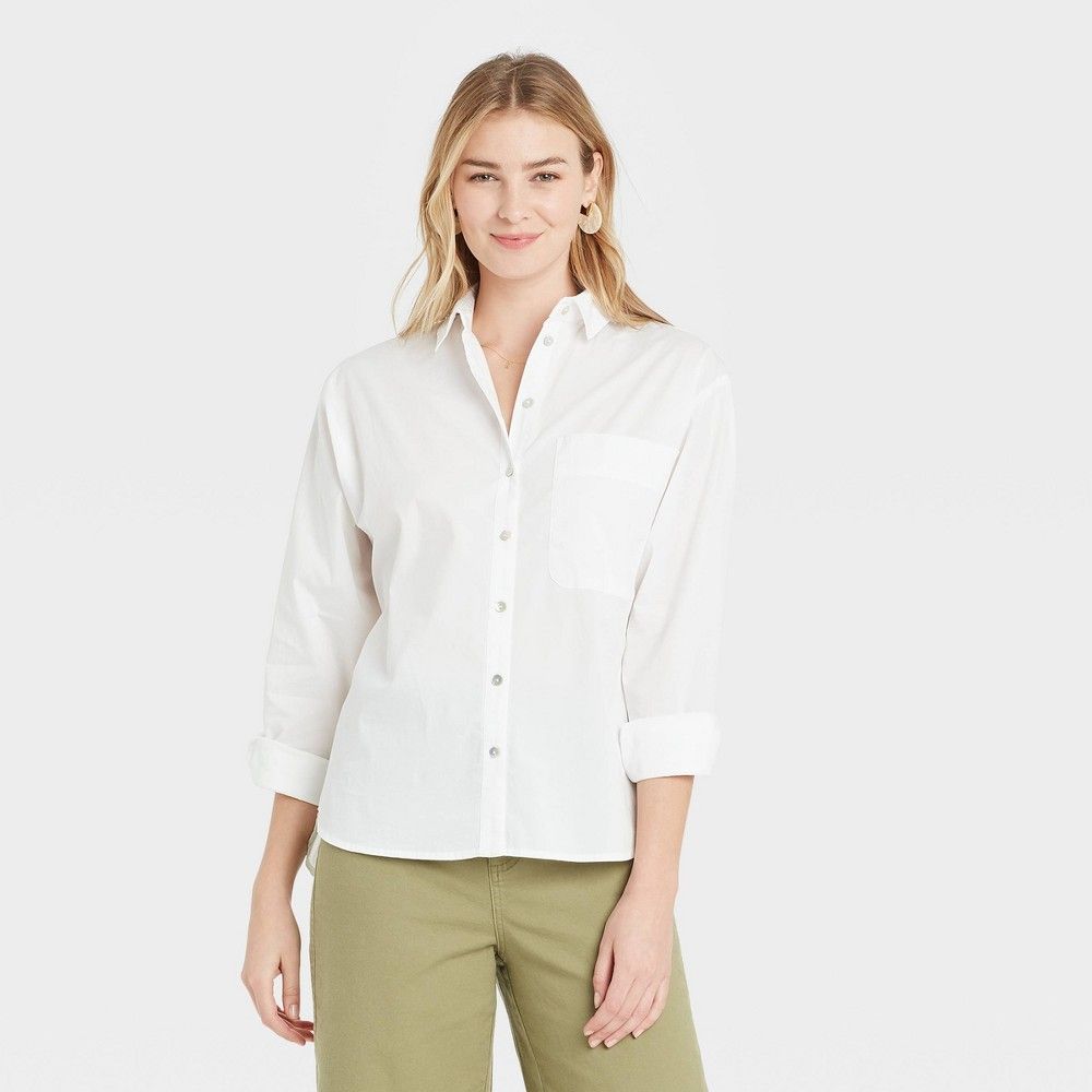 Women's Long Sleeve Button-Down Boyfriend Shirt - A New Day White XL | Target