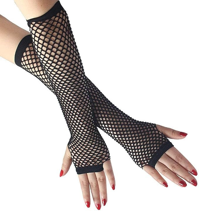 Black Fishnet Gloves - Long Elastic Lace Arm Sleeves Party Accessory Black Nylon Fingerless Hollo... | Amazon (US)