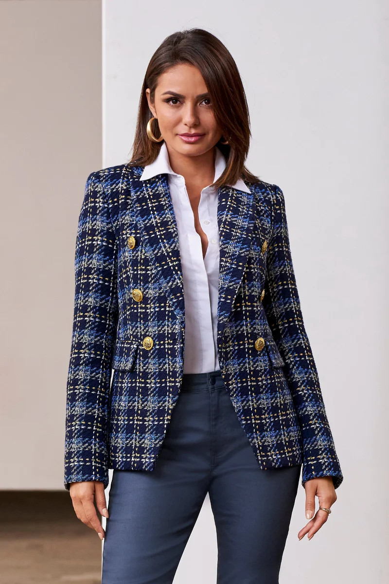 Plaid Tweed Double Breasted Blazer Blue Multi | Boston Proper