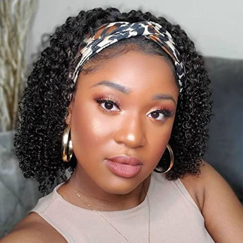 Short Curly Headband Wigs Human Hair Wig for Black Women, Glueless Kinky Curly Weave Wigs 100% Unprocessed Hair None Lace Front Wigs Color 1B 150% Density (10", 1B, Curly) | Amazon (US)