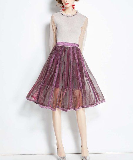 Gray Semisheer Ruffle Long-Sleeve Top & Purple Pleated A-Line Skirt - Women | Zulily