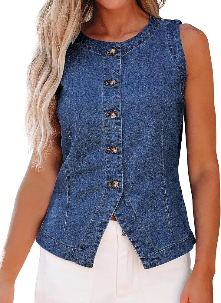 luvamia Denim Vest for Women Sleeveless Strechy Jean Vest Top Button Down Crewneck Casual Summer ... | Amazon (US)