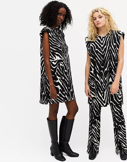 Monki Alvina organic cotton t-shirt mini dress with shoulder pads in zebra print | ASOS (Global)