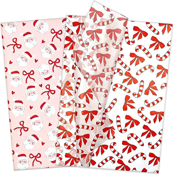 LIAPAWPAW 60 Sheets Christmas Tissue Paper, Cute Candy Cane & Santa Pattern, Holiday Gift Wrappin... | Amazon (US)