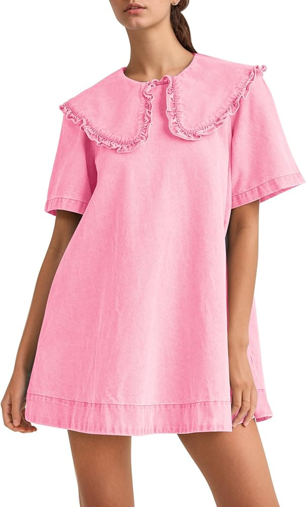 Livtany Women's Peter Pan Ruffle Collar Mini Dress Babydoll Short Sleeve Short Dress Denim Summer... | Amazon (US)