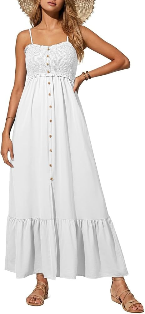 Dokotoo Womens Summer Dresses 2025 Sleeveless Spaghetti Strap Button Down Smocked Beach Vacation ... | Amazon (US)