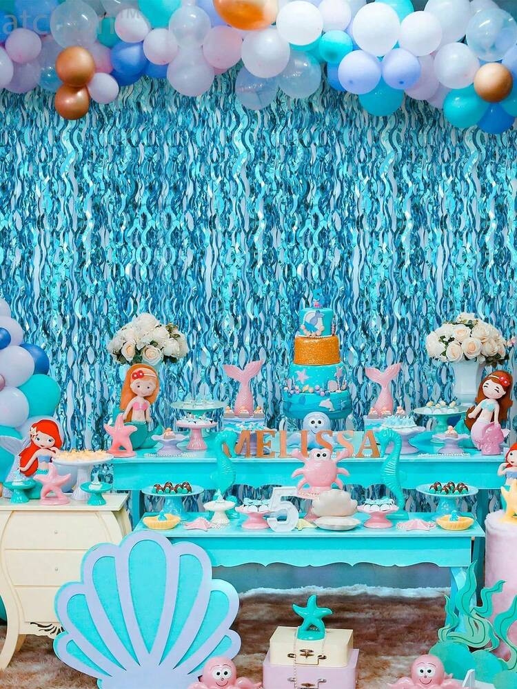 1pc/2pcs/3pcs Blue Wavy Tassel Curtain - Shiny Ocean Wave Waterfall Ribbon, Blue Water Flowing Ba... | SHEIN