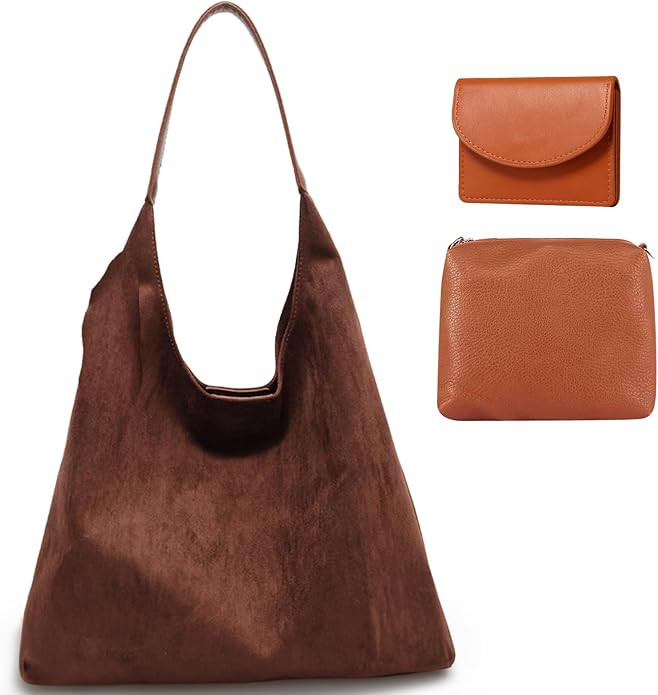 Tote Bags for Women,Suede Hobo Bag,Brown Suede Handbag for Women- Retro Suede Slouchy Bag,Hobo Ha... | Amazon (US)