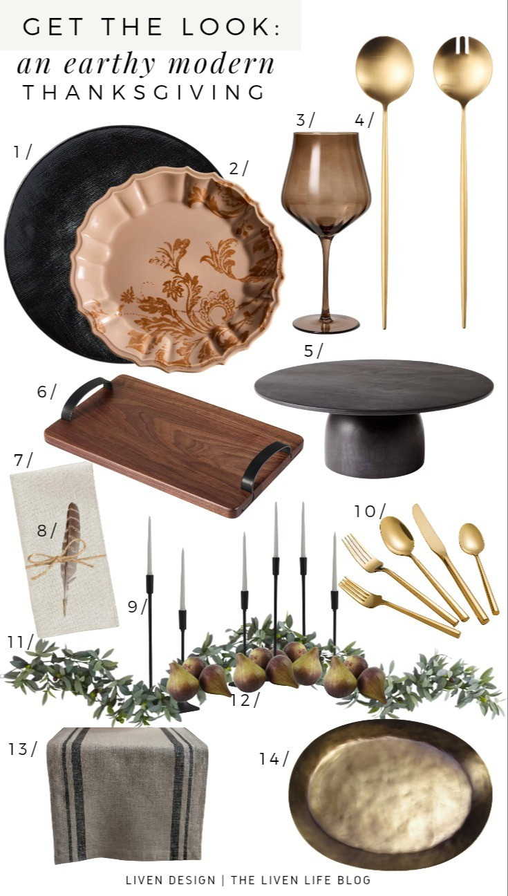 Earthy modern Thanksgiving. Fall dining. Tablescape. Table setting. Anthropologie dinner plates. Brass gold salad servers. Gold serving platter. Tinted brown wine glasses. Cloth napkins. Table runner. Autumn. Fall dining. Dining room. Fall decor. Flatware. 

#LTKSeasonal #LTKStyleTip #LTKHome
