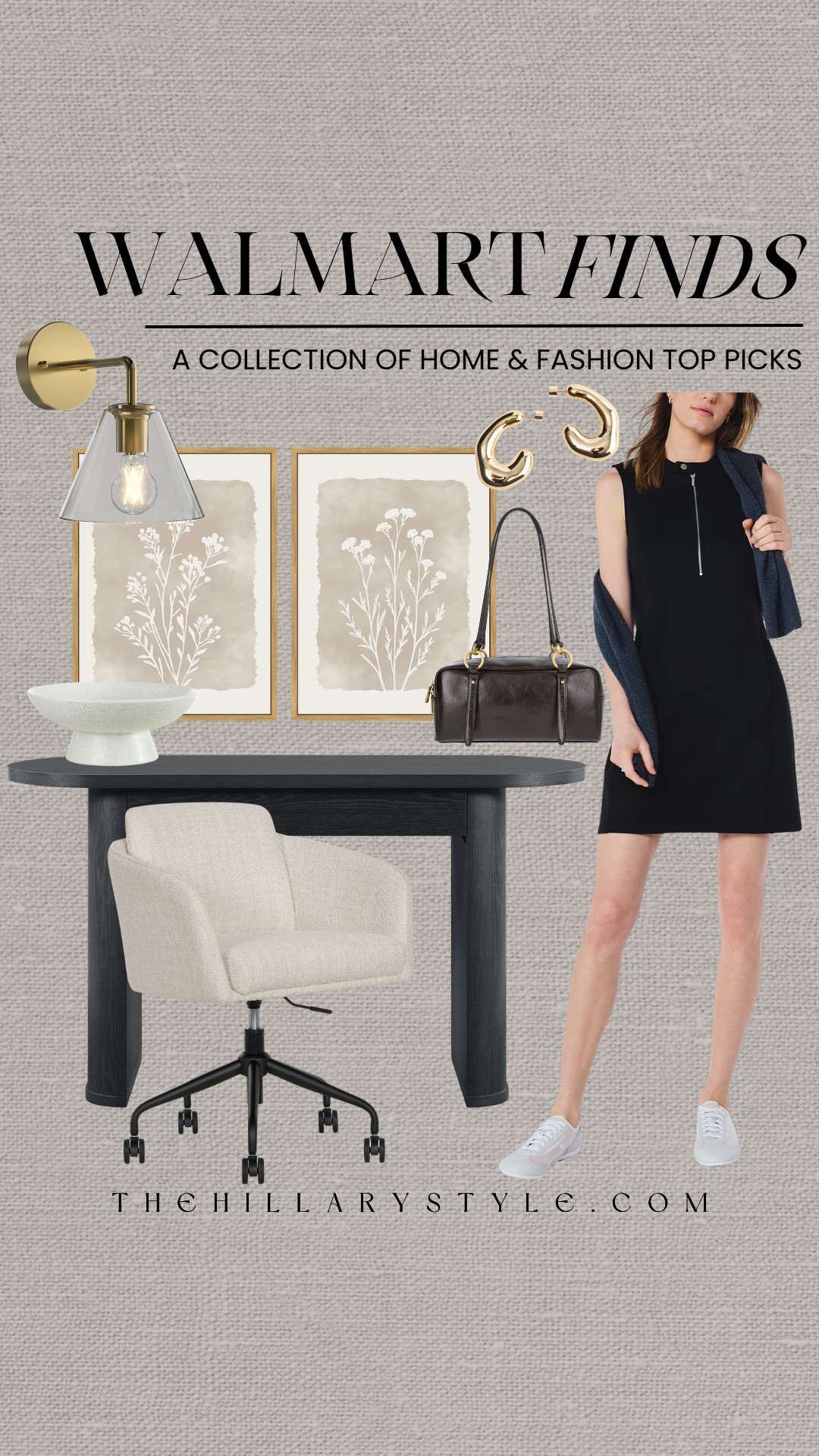 Elevated Spring Office & WFH Essentials from Walmart
Spring is the perfect time for a refresh, and these new Walmart finds are giving us all the inspiration! Level up your work-from-home setup with this sleek black desk and chic boucle office chair, bringing that sought-after organic modern aesthetic to your space. Complete the look with these beautiful framed botanical art prints and a stunning brass wall sconce for a warm, inviting glow. On the fashion side, we’re loving these versatile spring basics: a stylish little black dress with a modern zip detail, comfortable mesh sneakers for your steps, and the perfect polished dark brown handbag. This entire collection makes dressing for work (from home or the office) effortless and attainable. Which piece are you most excited to add to your cart? 

 #TheHillaryStyle #WalmartFinds #WalmartHome #WalmartStyle #WorkFromHome #OfficeDecor #SpringWardrobe2026 #OrganicModern #AffordableStyle #WFHLife #SpringRefresh #DeskGoals #CapsuleWardrobe #TrendingNow 

#LTKSeasonal #LTKHome #LTKWorkwear