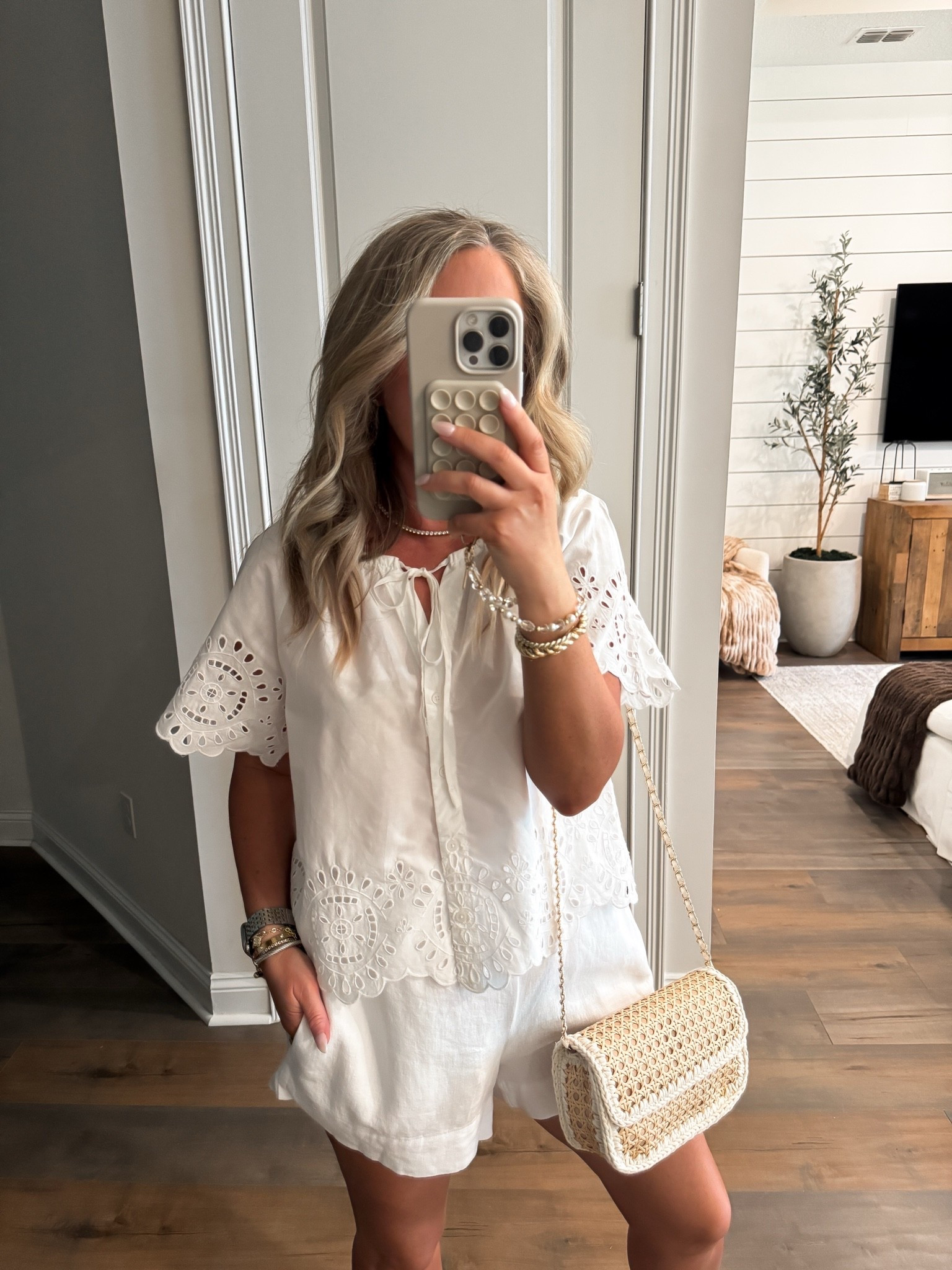 Target fashion target finds spring outfit summer outfit Memorial Day weekend outfit mdw outfit July 4th outfit white eyelet top size small, linen shorts size medium