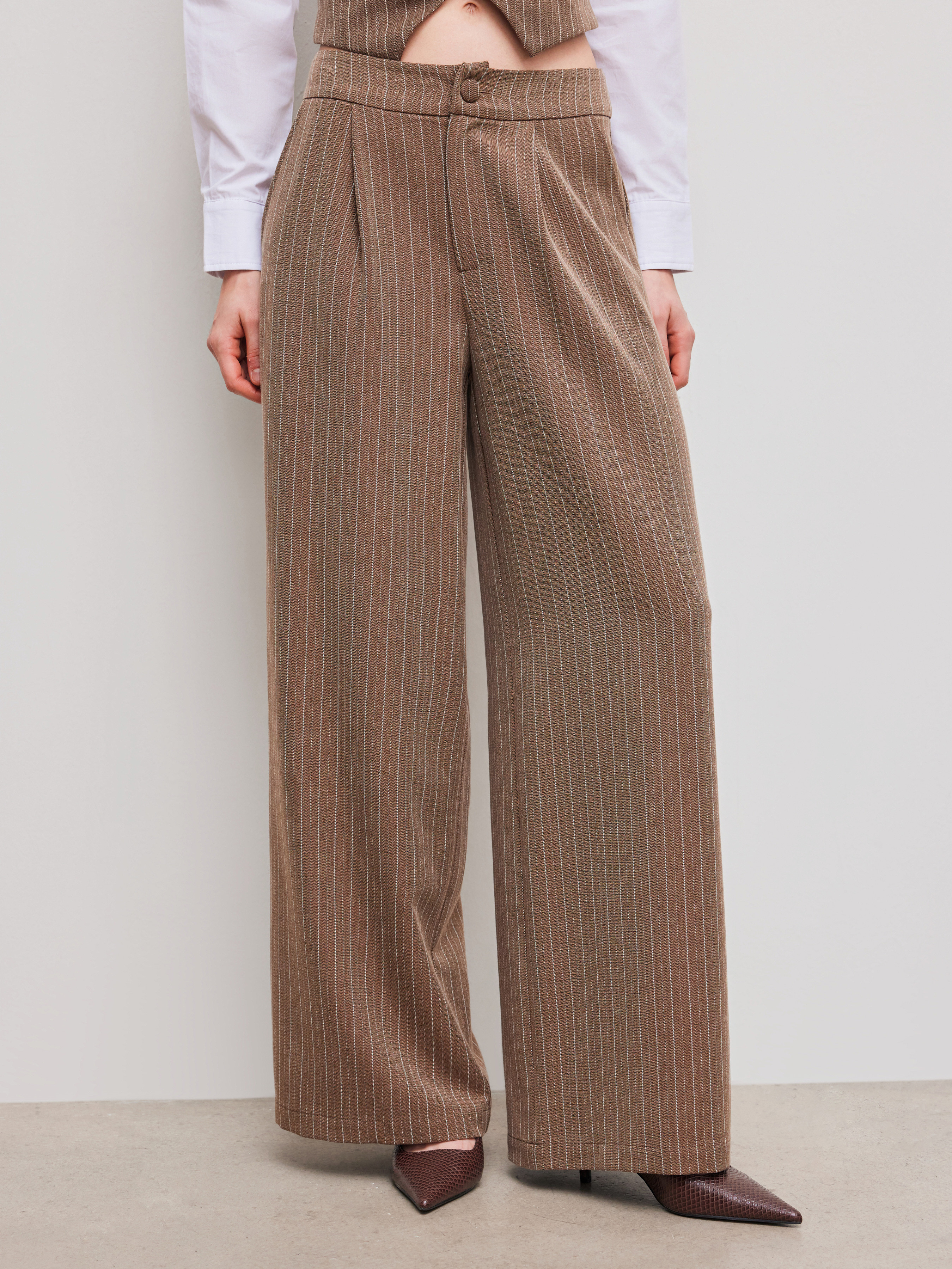 Wool-like fabrics Wool-look Mid Rise Striped Wide Leg Trousers For Work | Cider