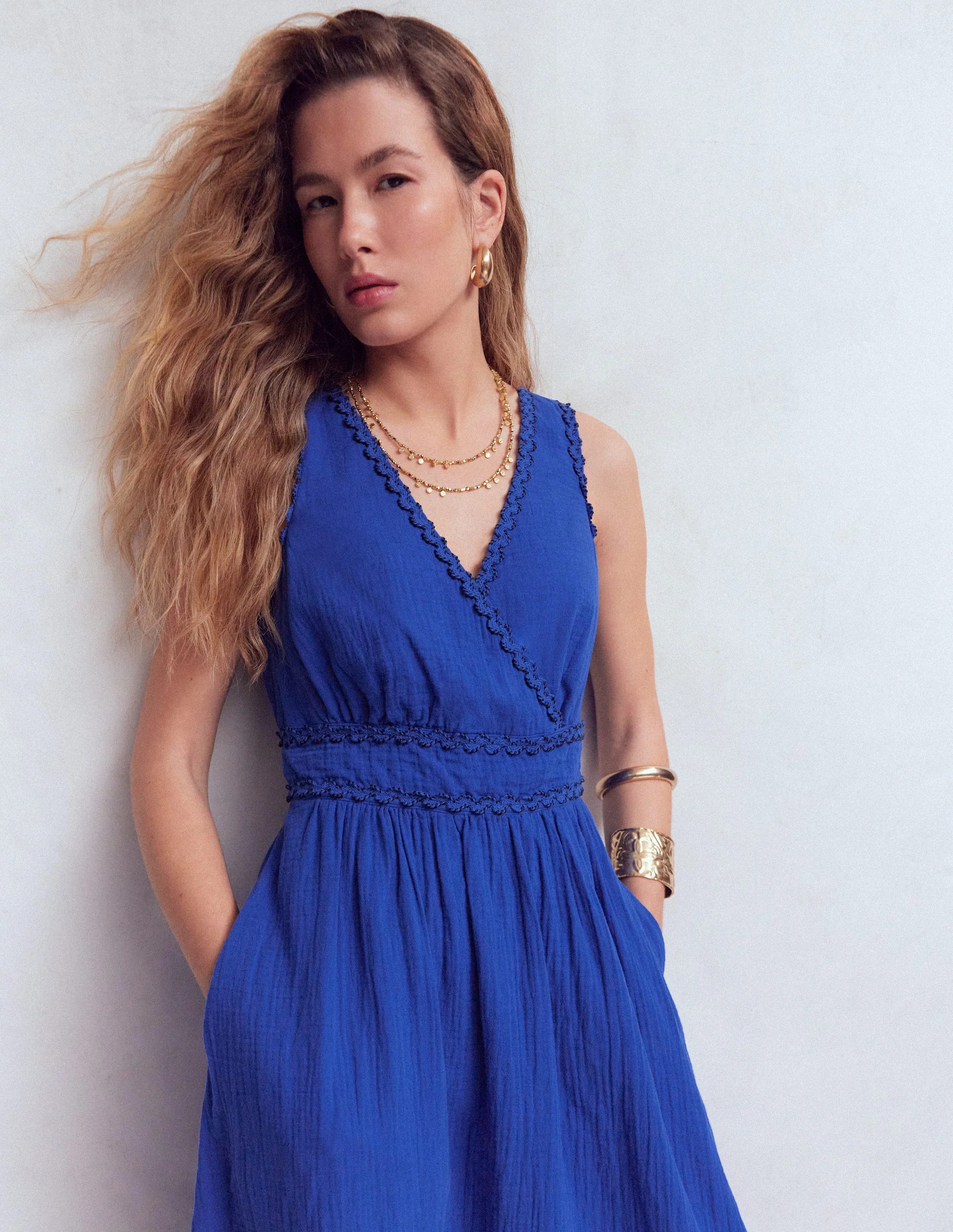 Lorna Trim Double Cloth Dress-Bright Blue | Boden UK