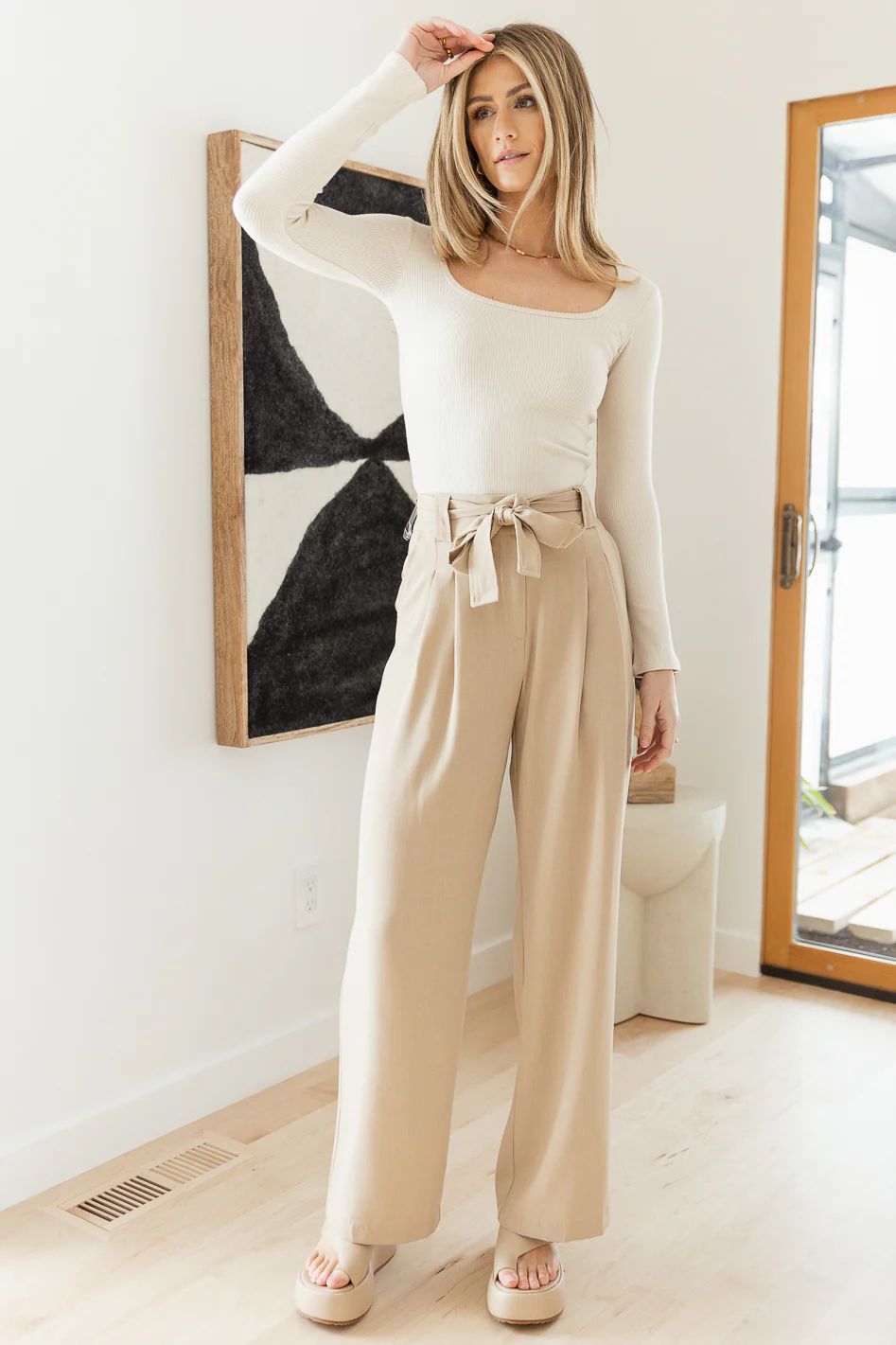 Amelia Wide Leg Trousers in Taupe | Bohme