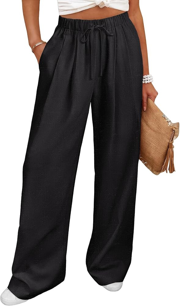 ANRABESS Women Wide Leg Linen Palazzo Pants Casual Elastic Waist Drawstring Flowy Loose Beach Tra... | Amazon (US)