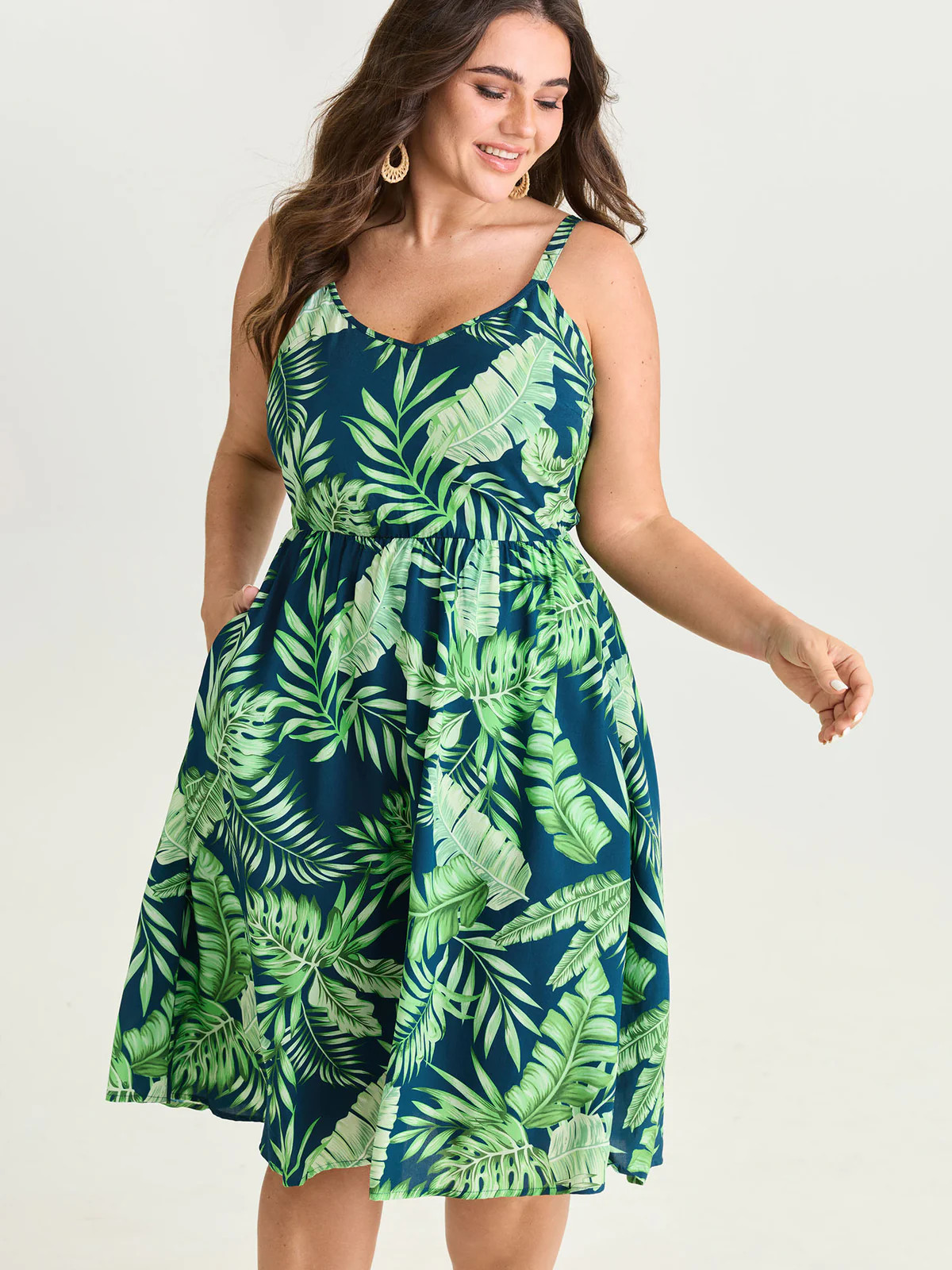 Tropical Plant Print V-Neck Midi Dress | Bloomchic