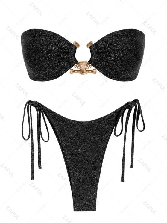 ZAFUL Women\'s Tie Side O Ring Metal Hardware High Cut Tanga Bandeau Bikini Set Swimwear   BLACK ... | ZAFUL (Global)