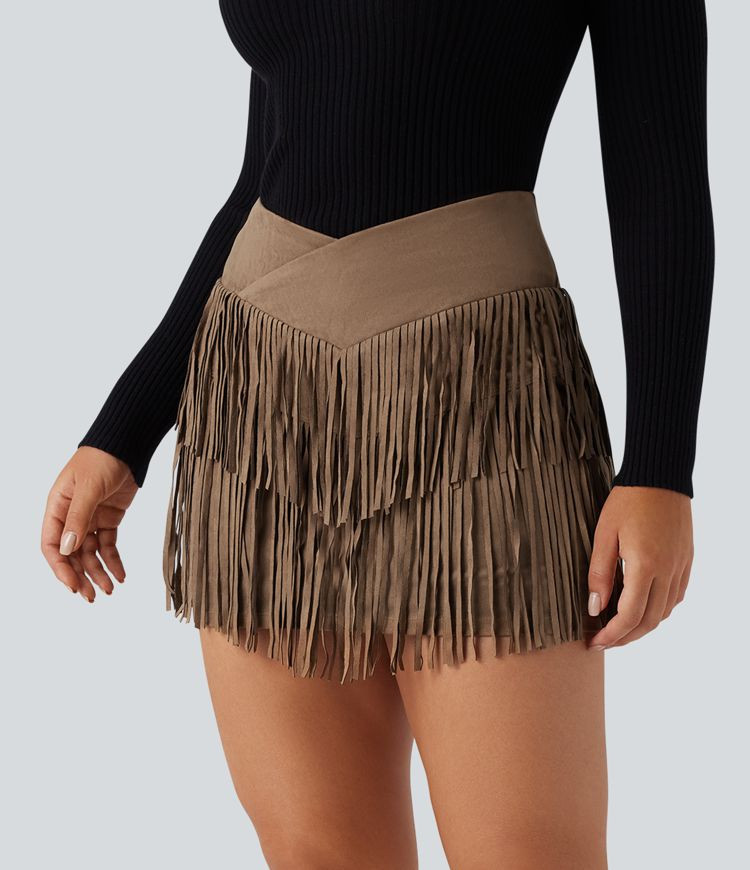 Women’s Crossover High Waisted 2-in-1 Fringe Hem Bodycon Mini Suede Party Skirt - Halara | HALARA