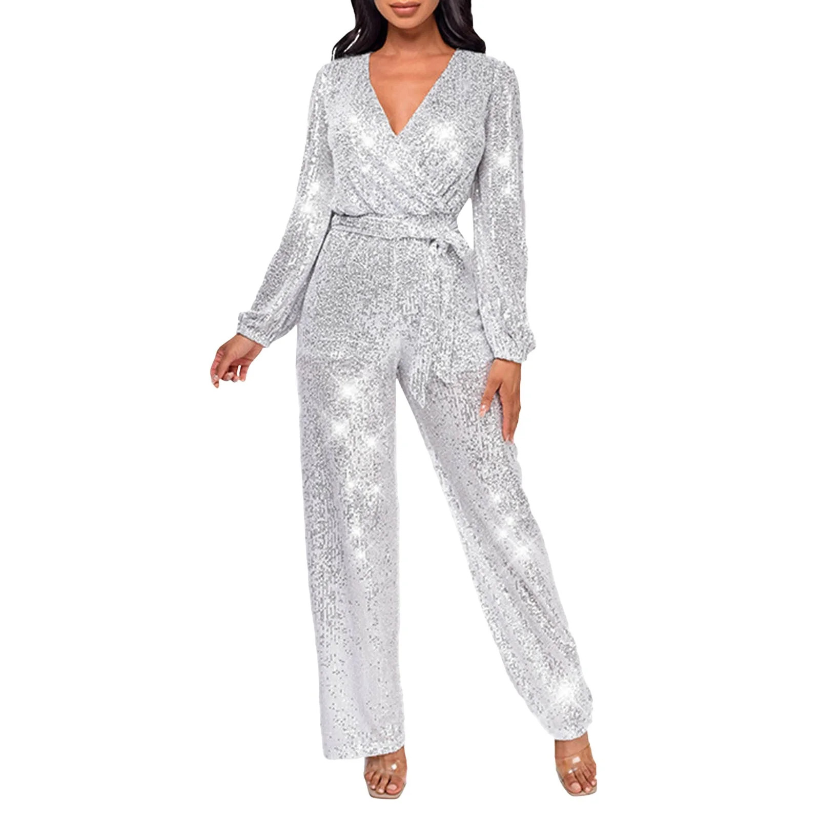 Casual Jumpsuit Long Sleeve Belted Sequin Jumpsuit Easy to Match - Walmart.com | Walmart (US)