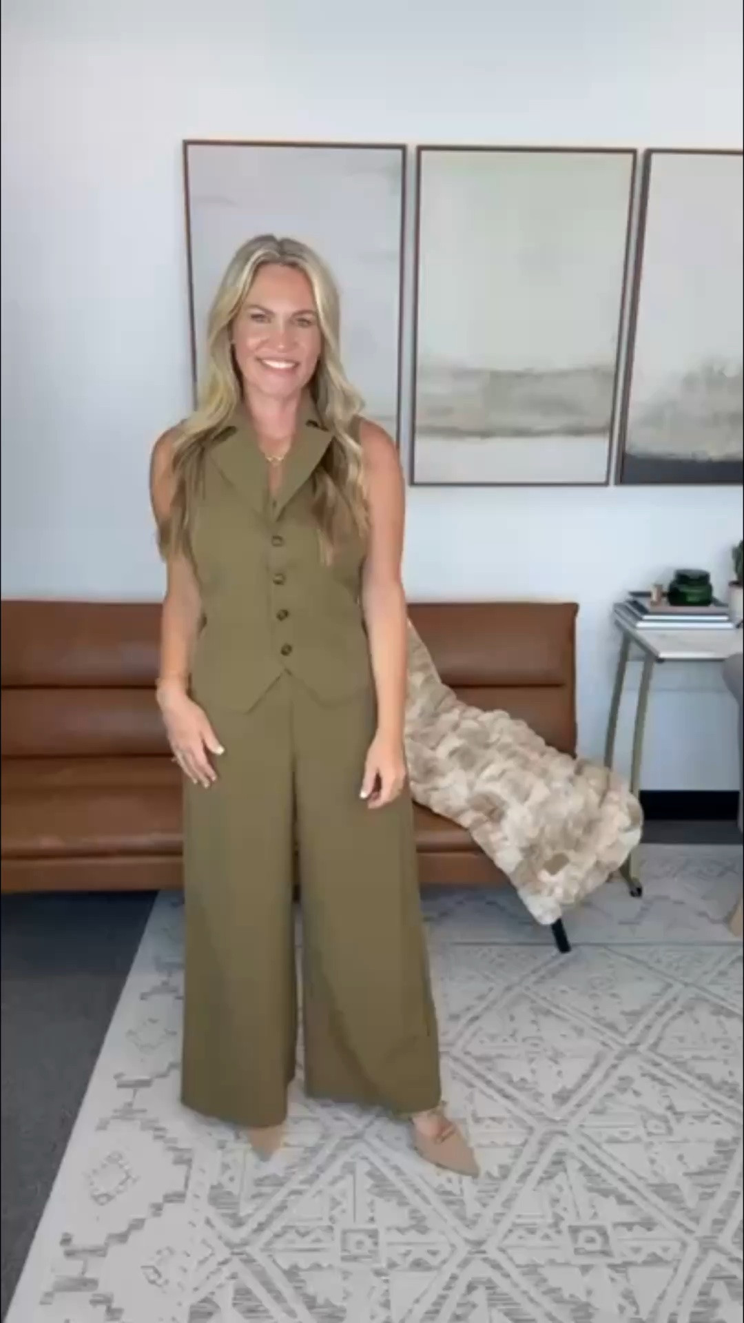 I love a matching set when I want an office outfit that already feels thought through. The vest gives some shape through the waist, while the wide leg pants keep the overall fit comfortable and balanced. This olive color is also such an easy way to start bringing fall tones into the workweek while it’s still warm out.

Olive matching set, vest and pants set, wide leg trousers, fall workwear, office outfit, business casual style, transitional fashion, women’s work outfit, matching set, AudrieDollins

#LTKWorkwear #LTKOver40 #LTKootd