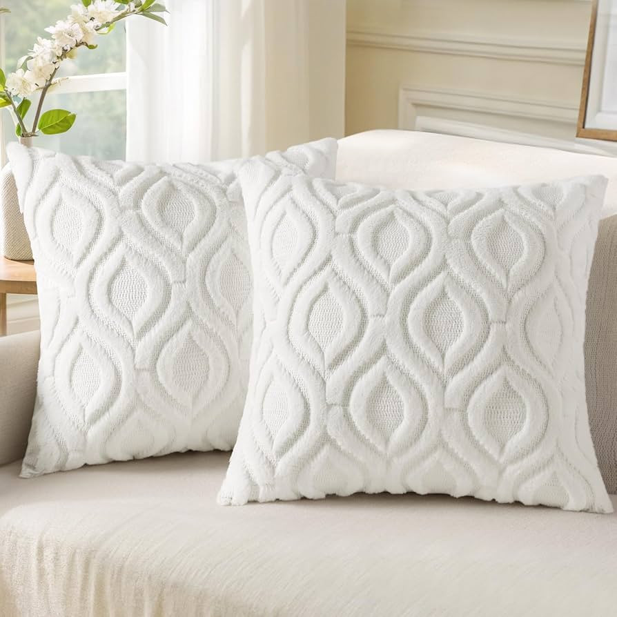 decorUhome Throw Pillow Covers 20x20 Inch Set of 2, Soft Plush Faux Wool Cream Beige Couch Pillow... | Amazon (US)