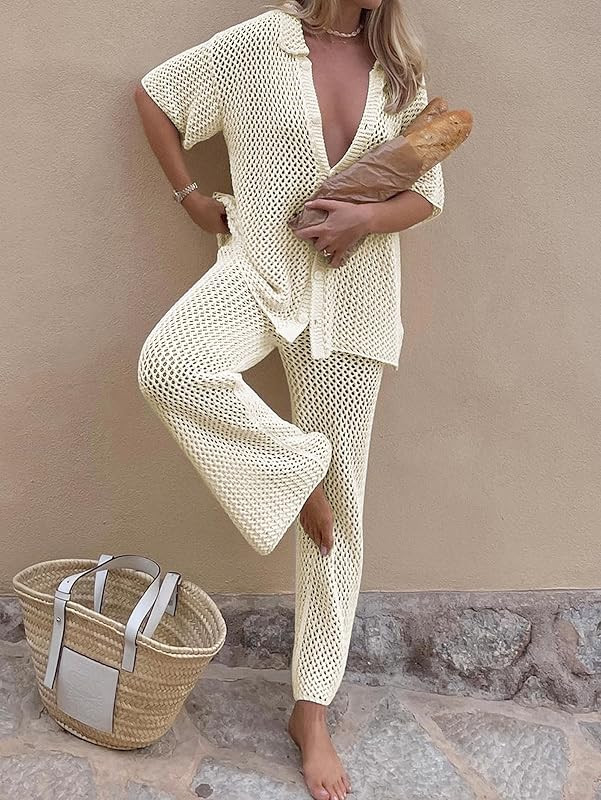 Womens Sexy Hollow Out Swimsuit Cover Up Sets Button Up Tops and Drawstring Pants 2 Piece Beach Set | Amazon (US)