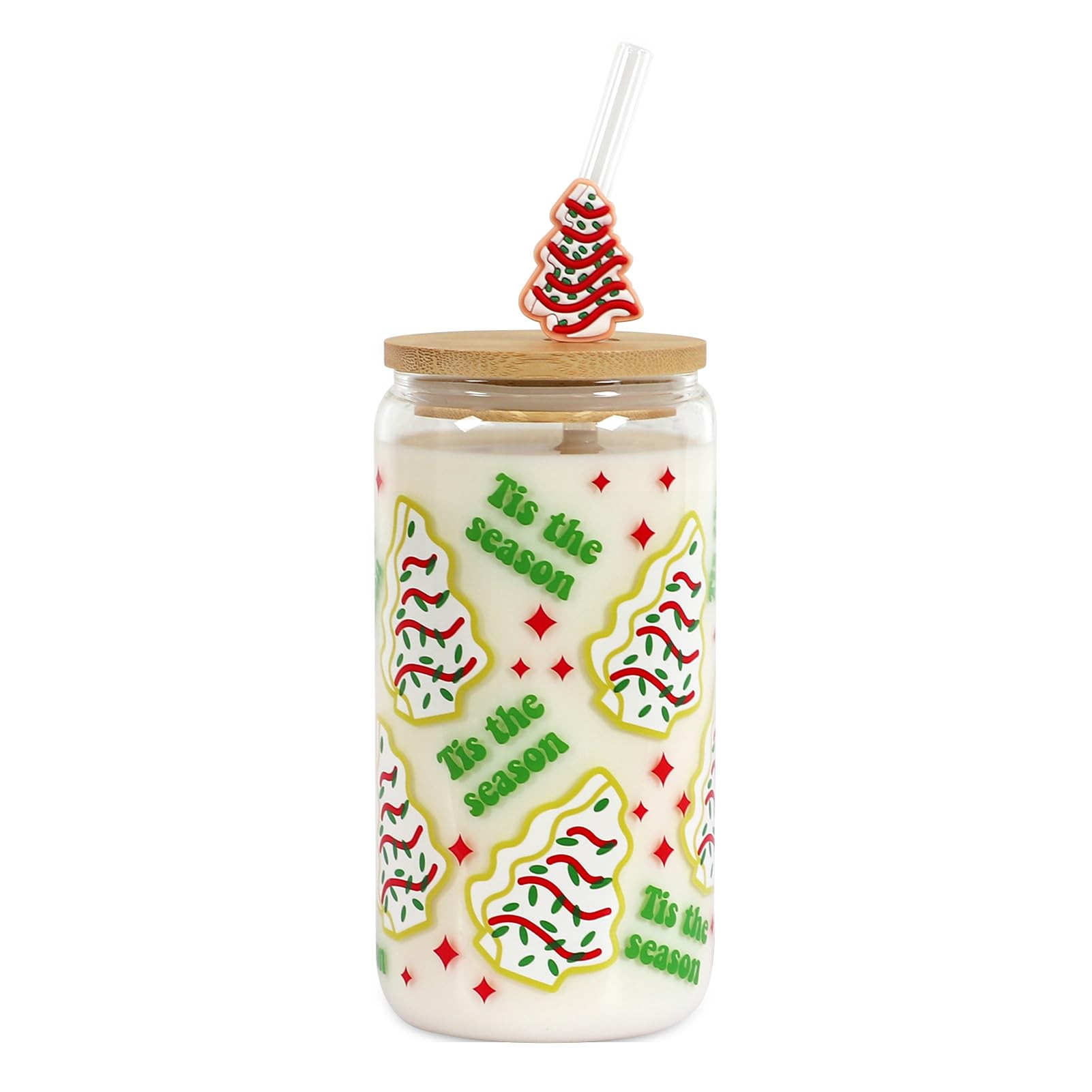 Christmas Gift Glass Cup, Christmas Iced Coffee Tumbler with Festive Holiday Tree Cakes Design, 1... | Amazon (US)