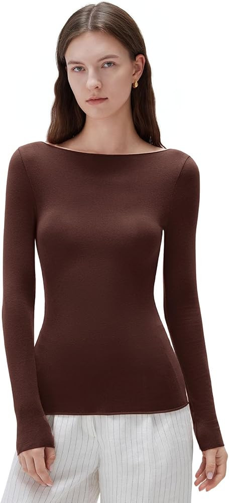 SUUKSESS Cloud Cashmere Women Boat Neck Fitted Long Sleeve Shirt Basic Knit Tops | Amazon (US)