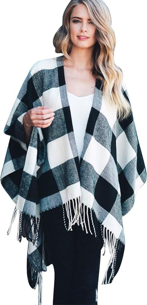 Daisy Del Sol Buffalo Plaid Knit Soft Wool Feel Checkered Wrap Oversized Blanket Sweater Poncho | Amazon (US)