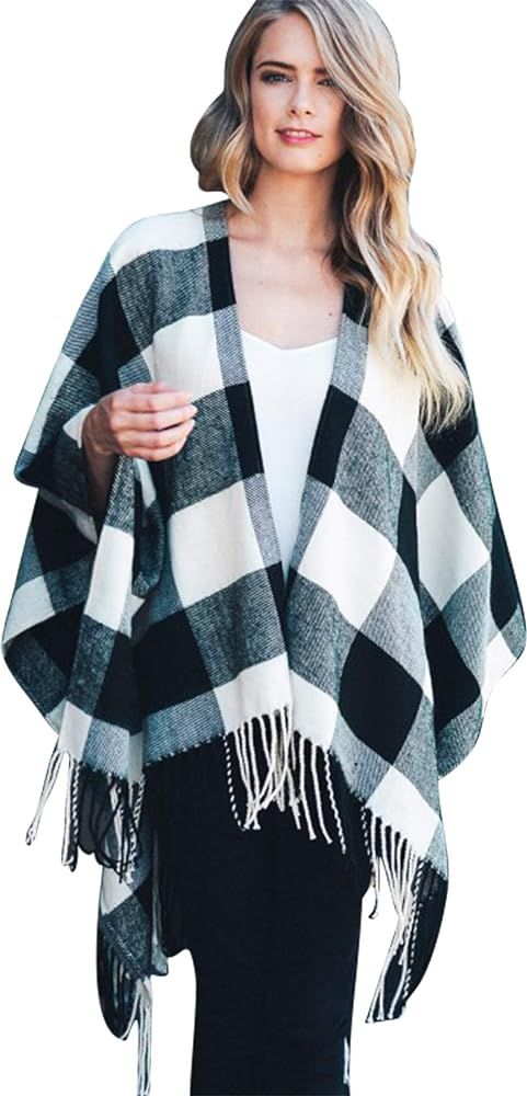 Daisy Del Sol Buffalo Plaid Knit Soft Wool Feel Checkered Wrap Oversized Blanket Sweater Poncho | Amazon (US)