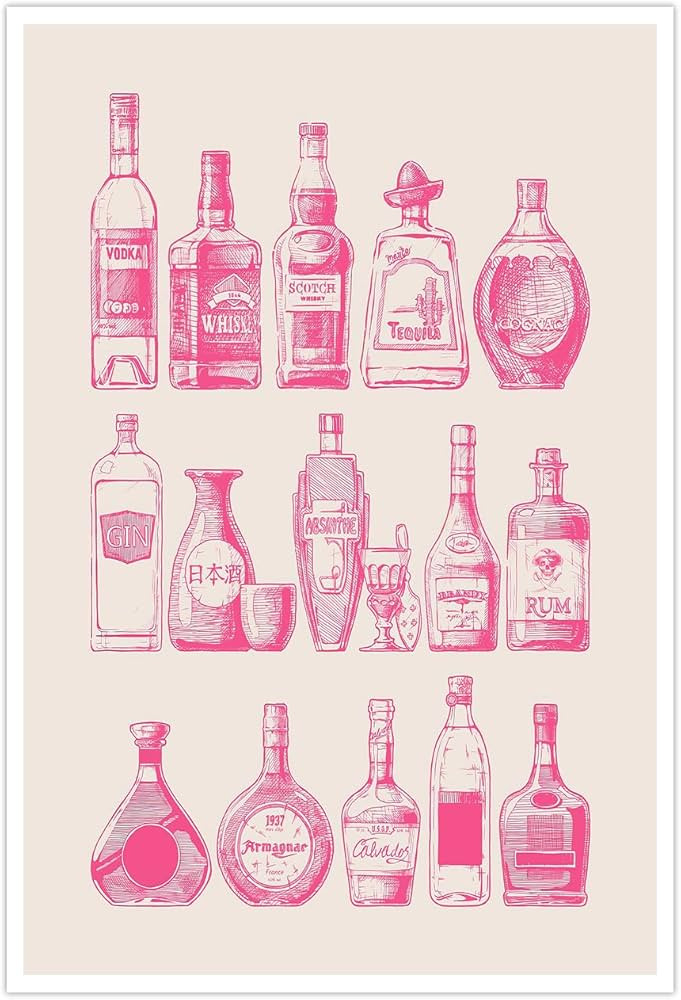 Pink Bar Cart Wall Art Coquette Trendy Alcohol Bottles Poster Girly Aesthetic Bar Cart Art Canvas... | Amazon (US)