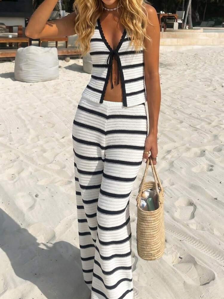 Women's Elegant Spring/Summer Fashion Basic Casual Weekend Holiday Beach Vacation Knit Striped Fi... | SHEIN