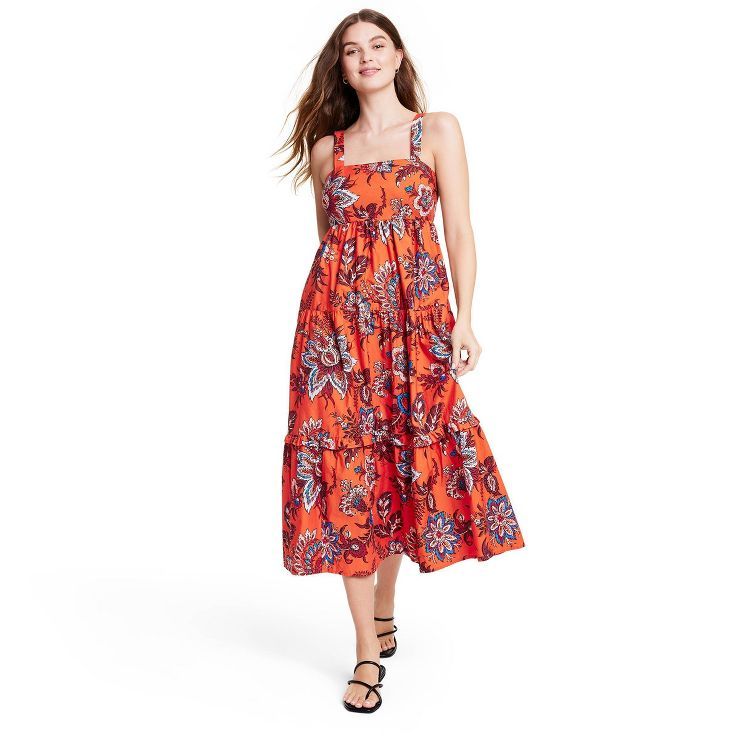 Women's Large Leafy Floral Print Tiered Midi Dress - RHODE x Target Dark Orange/Blue | Target