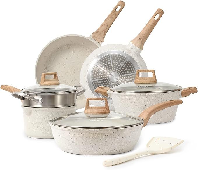 CAROTE Nonstick Granite Cookware Sets, 10 Pcs White Pots and Pans Set, Non Stick Stone Kitchen Co... | Amazon (US)