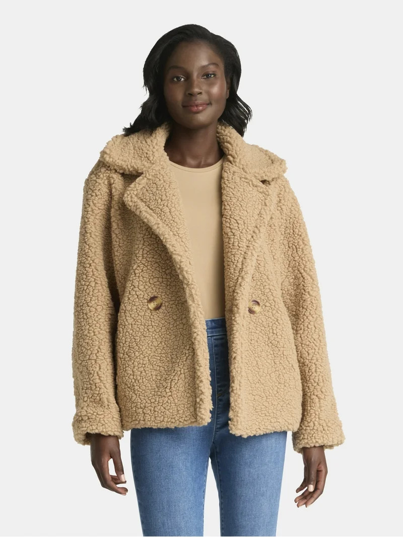 Time and Tru Women's and Women's Plus Teddy Double Breasted Jacket, Sizes XS-3X - Walmart.com | Walmart (US)